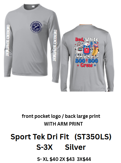 TSEHOOTSSOI MEDICAL CENTER  DRI FIT ER DEPT JULY RED WHITE BLUE PRINT ON ARMS